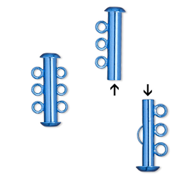 Clasp, 3-strand slide lock, electro-coated brass, blue, 21.5x6mm tube. Sold per pkg of 2. image number 0