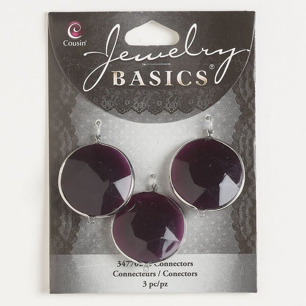 Link 1pkg3, silver-finished copper and acrylic, dark purple, 26mm double-sided faceted round. image number 0