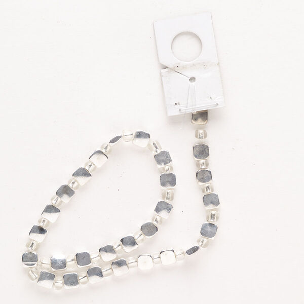 Bead, "pewter" (zinc-based alloy) and glass, pkg/8 inches, silver finish and clear, 5mm flat square. image number 0