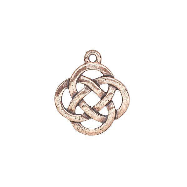 Drop, TierraCast®, antique copper-plated pewter (tin-based alloy), 18mm double-sided Celtic knot. Sold per pkg of 2. image number 0