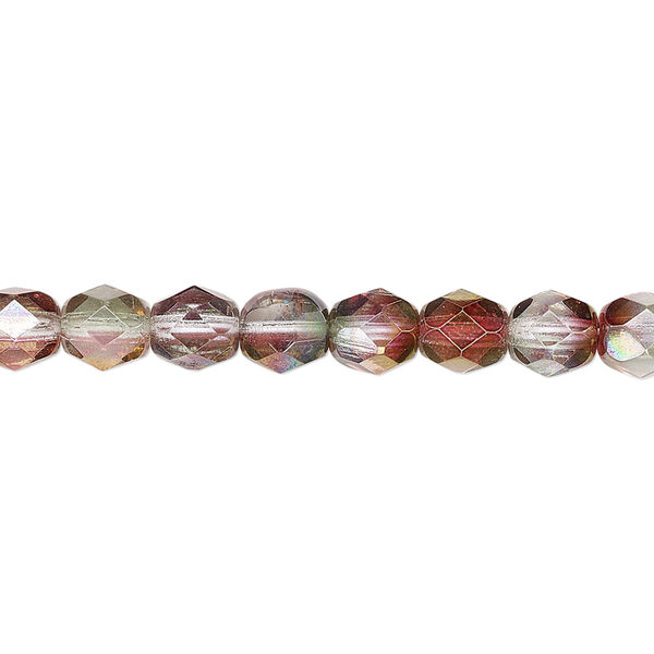 Bead, Czech fire-polished glass, translucent to transparent pink and green luster, 6mm faceted round. Sold per pkg of 1,200 (1 mass). image number 0