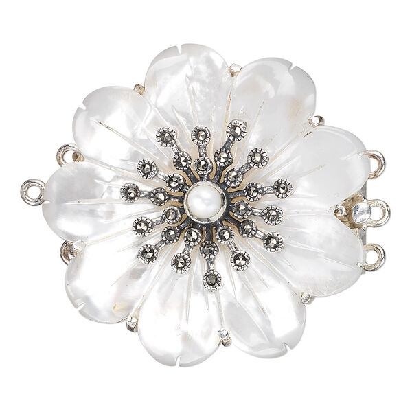 Clasp, 3-strand tab, Signity® marcasite / mother-of-pearl shell (natural) / antiqued sterling silver, 34x34mm carved flower. Sold individually. image number 0