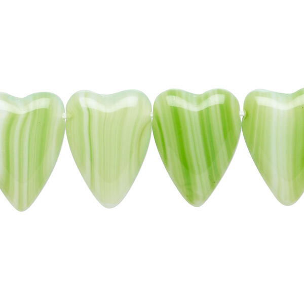 Bead, Czech pressed glass, opaque green/white, 18x13mm heart. Sold per 15" to 16" strand. image number 0