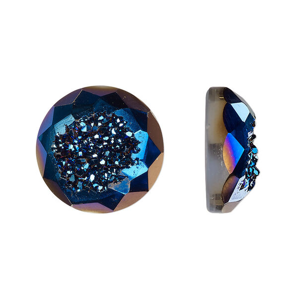 Cabochon, druzy agate (coated), blue, 16mm hand-cut loosely calibrated faceted round, B grade, Mohs hardness 7. Sold individually. image number 0