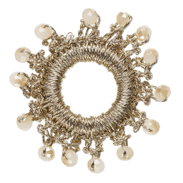 Focal, glass / nylon / steel, gold, 36-38mm open round with fringe. Sold per pkg of 4. image number 0