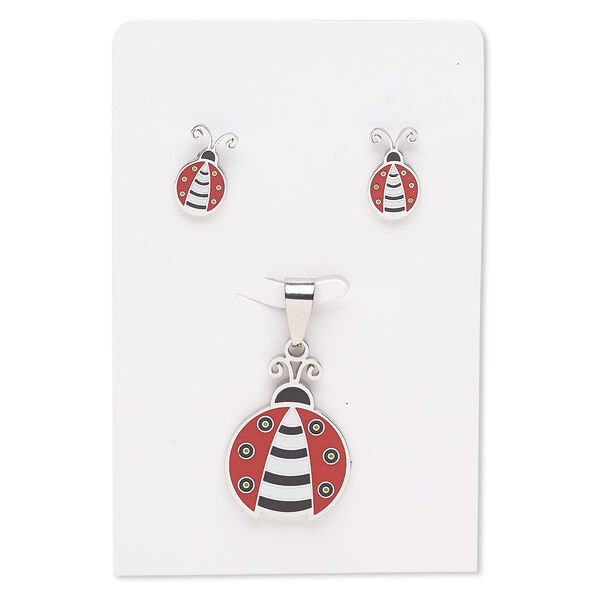 Pendant and earring, enamel and stainless steel, red / black / white, 27x20mm ladybug, 15x9mm ladybug with post. Sold per set. image number 0