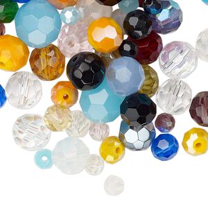 Bead mix, glass, opaque to transparent mixed colors, 4-10mm faceted round. Sold per 50-gram pkg, approximately 125-130 beads.