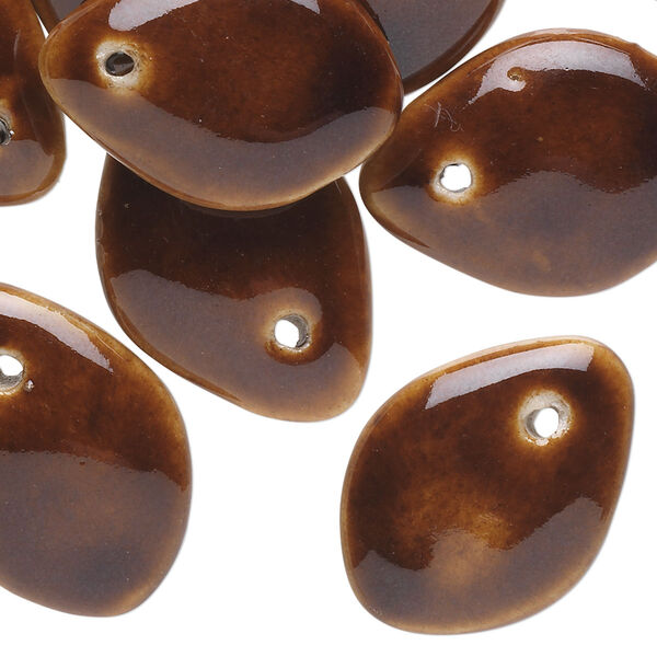 Bead, porcelain, speckled brown, 25x18mm top-drilled flat teardrop. Sold per pkg of 10. image number 0