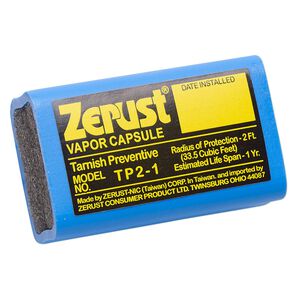 Anti-tarnish vapor capsule, Zerust® TP2-1, plastic / foam / adhesive / chemical, blue / yellow / black, 2x1-inch rectangle. Sold individually.