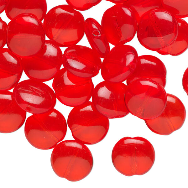 Bead, pressed glass, translucent red, 9mm puffed flat round. Sold per 1-ounce pkg, approximately 45 beads. image number 0