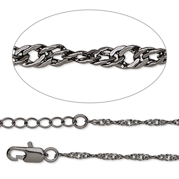 Chain, gunmetal-plated brass, 2mm Singapore, 18 inches with 1 to 3 inches extender chain lobster claw clasp. Sold individually. image number 0