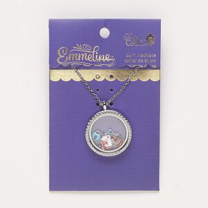 Necklace, glass / enamel / silver- / antique silver-finished "pewter" (zinc-based alloy) / steel, multicolored, 30mm round with mixed designs, 24 inches with 2-inch extender chain and lobster claw clasp. Sold individually.