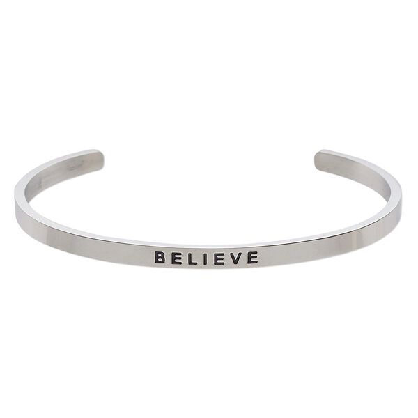Bracelet, Everyday Jewelry, cuff, stainless steel, 4mm wide with "BELIEVE," 8 inches. Sold individually. image number 0