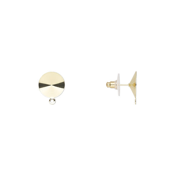 Earstud, Almost Instant Jewelry®, plastic with gold-finished brass and steel, 14.5mm round with closed loop and 14mm rivoli setting. Sold per pkg of 5 pairs. image number 0