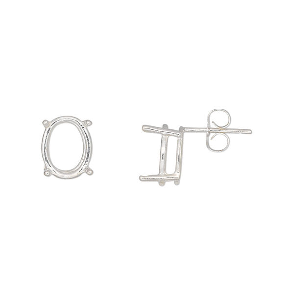 Earstud, Sure-Set™, sterling silver, 10x8mm with 4-prong oval basket setting. Sold per pair. image number 0