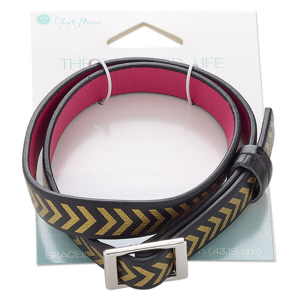 Bracelet, wrap, vinyl and silver-finished "pewter" (zinc-based alloy), black / gold / fuchsia, 10mm wide with chevron design, 17 inches. Sold individually. image number 0
