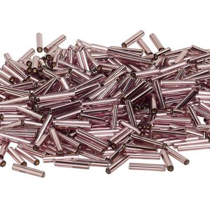 Bead, Miyuki, bugle bead, glass, pkg/250 g, 12x2.4mm center-drilled, silver-lined translucent light amethyst purple, (RBU-0012).