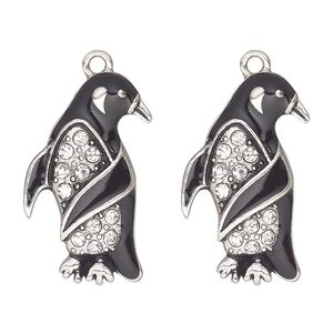 Charm, antique silver-finished "pewter" (zinc-based alloy), enamel and glass, black and clear, 28x17mm single-sided penguin. Sold per pkg of 2.