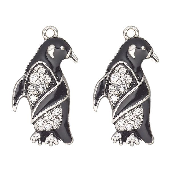 Charm, antique silver-finished "pewter" (zinc-based alloy), enamel and glass, black and clear, 28x17mm single-sided penguin. Sold per pkg of 2. image number 0