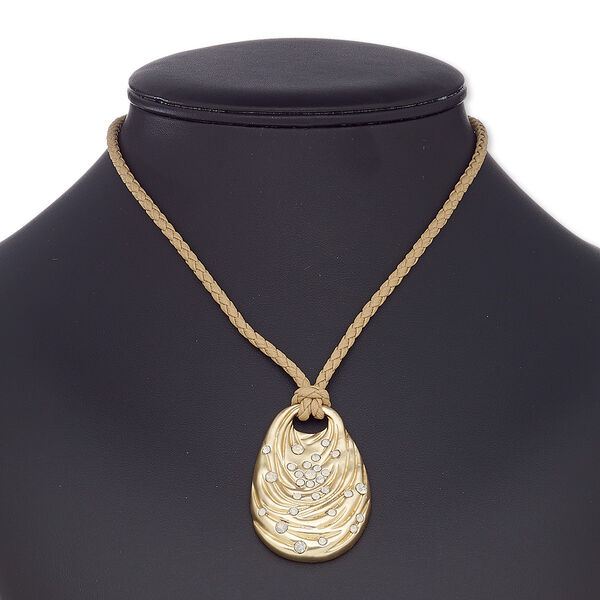Necklace, glass rhinestone / imitation leather / gold-coated plastic / gold-finished steel / "pewter" (zinc-based alloy), tan and opal, 49x33mm oval, 16 inches with 2-inch extender chain and lobster claw clasp. Sold individually. image number 0
