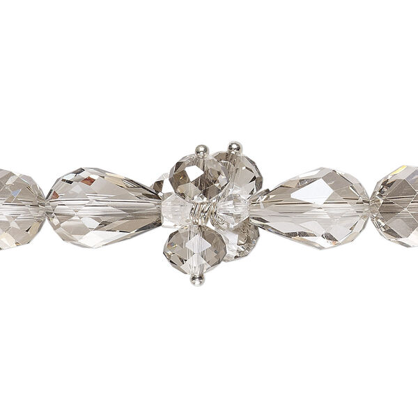 Bead, glass and silver-finished brass, smoke and clear, 4mm faceted bicone / 8x6mm faceted rondelle / 15x10mm faceted teardrop. Sold per 8-inch strand. image number 0