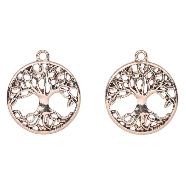 Charm, antique gold-finished "pewter" (zinc-based alloy), 24mm round with tree of life cutout. Sold per pkg of 2. image number 0