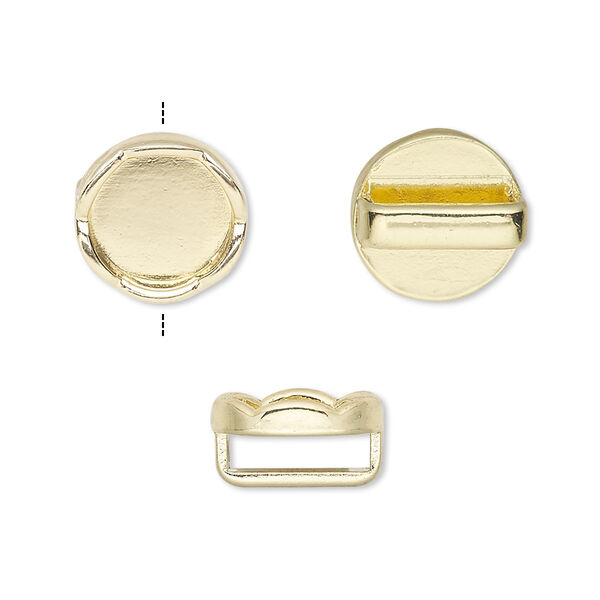Slide, gold-finished "pewter" (zinc-based alloy), 13mm round with scalloped edge and 10mm round setting, 10x2.5mm hole. Sold per pkg of 6. image number 0