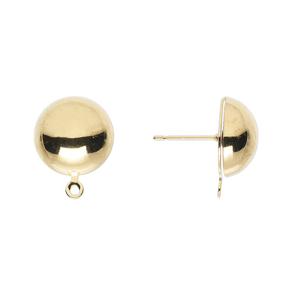 Earring, gold-plated steel and stainless steel, 12mm half ball with closed loop. Sold per pkg of 5 pairs. image number 0