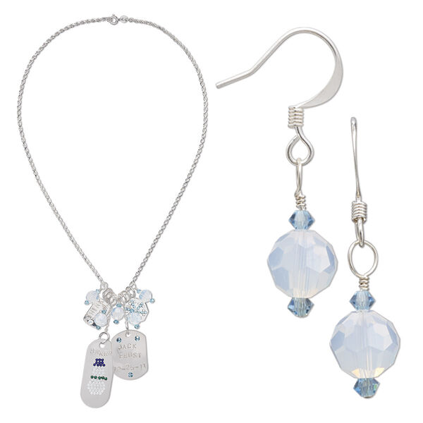Necklace and earring set, One of a Kind Jewelry, sterling silver / silver-plated brass / crystal, multi-blues, 18 inches. Only one available. image number 0