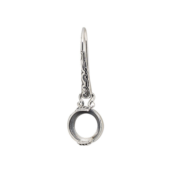 Earring, antiqued sterling silver, 29mm fishhook with flourish and marquise design and open back with 8mm 2-prong round cabochon setting. Sold per pair. image number 0