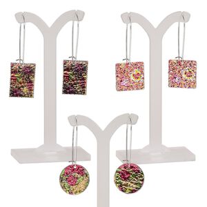 Earring mix, mylar / imitation rhodium-plated steel / "pewter" (zinc-based alloy), multicolored, 2 to 2-1/2 inches with round / rectangle / square and kidney ear wire. Sold per pkg of 3 pairs.