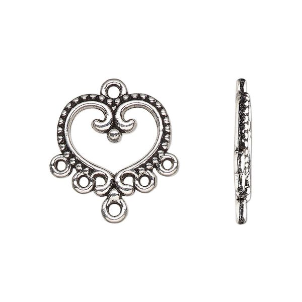 Drop, antique silver-finished "pewter" (zinc-based alloy), 17x16mm single-sided open beaded heart with 5 closed loops. Sold per pkg of 20. image number 0