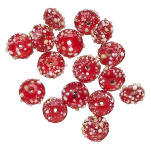 Bead, lampworked glass, translucent red and white, 16x8mm bumpy rondelle. Sold per pkg of 16.