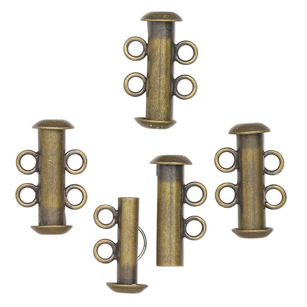 Clasp, 2-strand slide lock, antique brass-finished brass, 14x4mm tube. Sold per pkg of 4. image number 0