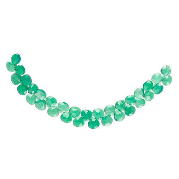Bead, green onyx (dyed), 5-6mm hand-cut faceted puffed teardrop, B+ grade, Mohs hardness 6-1/2 to 7. Sold 4-inch strand, approximately 30 beads. image number 0