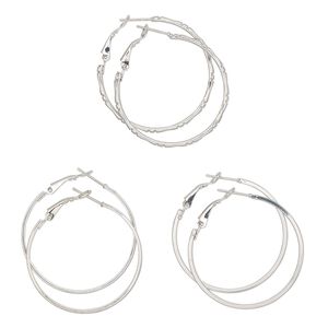 Earring, Everyday Jewelry, nickel-finished steel, 40mm hoop with smooth and textured designs, latch-back closure. Sold per pkg of 3 pairs.