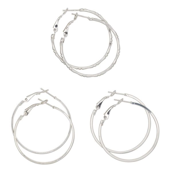 Earring, Everyday Jewelry, nickel-finished steel, 40mm hoop with smooth and textured designs, latch-back closure. Sold per pkg of 3 pairs. image number 0