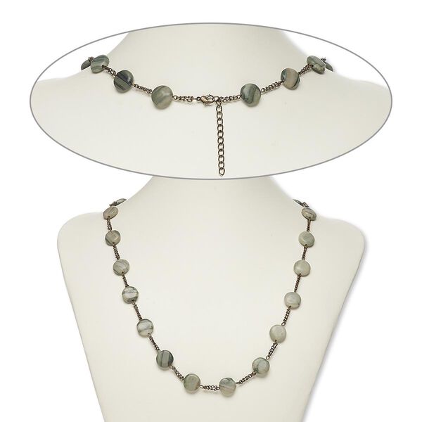 Necklace, jasper (dyed) and antiqued brass-finished steel, 14mm flat round, 25 inches with 1-1/2 inch extender chain and lobster claw clasp. Sold individually. image number 0