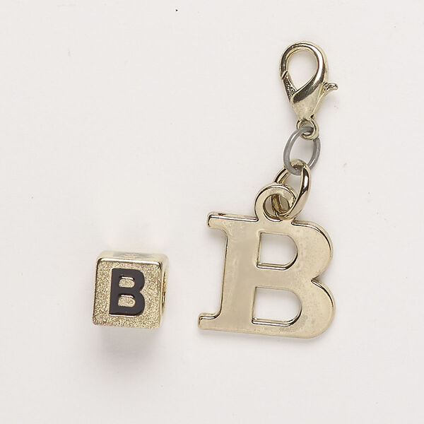 Bead and charm, brass-finished "pewter" (zinc-based alloy) / steel / enamel, black, 7mm cube with alphabet letter "B" and 16x14mm alphabet letter "B" with lobster claw clasp.Sold per pkg of 2. image number 0