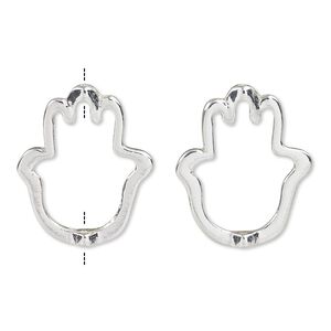 Bead frame, silver-finished "pewter" (zinc-based alloy), 25x21mm open Fatima hand, fits up to 12.5mm bead. Sold per pkg of 2.