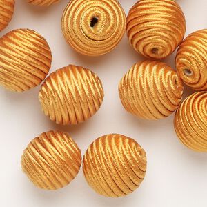 Bead gmelina wood nylon 1pk 20mm wrapped round, golden yellow, 2 ounce