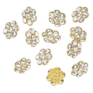 Button, gold-finished "pewter" (zinc-based alloy) and Czech glass, clear, 12mm flower. Sold per pkg of 12.