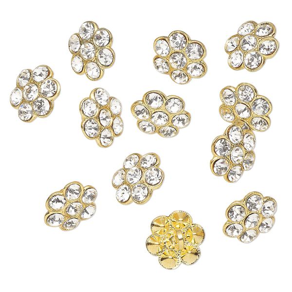 Button, gold-finished "pewter" (zinc-based alloy) and Czech glass, clear, 12mm flower. Sold per pkg of 12. image number 0