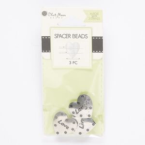 Spacer mix, antique silver-finished "pewter" (zinc-based alloy), 18mm 2-strand heart with flower design and "love," "laugh" and "live" with 3 hidden loops, fits up to 6mm bead. Sold per pkg of 3.