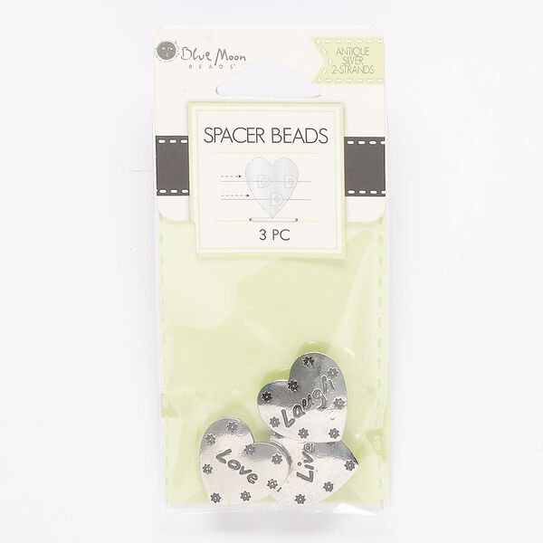 Spacer mix, antique silver-finished "pewter" (zinc-based alloy), 18mm 2-strand heart with flower design and "love," "laugh" and "live" with 3 hidden loops, fits up to 6mm bead. Sold per pkg of 3. image number 0