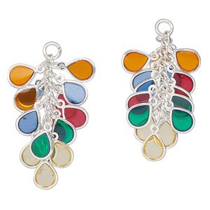 Focal, silver-plated brass and epoxy, multicolored, 32x16mm teardrop. Sold per pkg of 2.