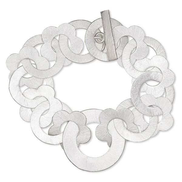 Bracelet, silver-plated copper, 21mm interlocking brushed flower with round cutout and 22mm brushed open round, 7 inches with toggle clasp. Sold individually. image number 0