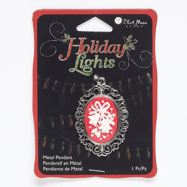Focal, acrylic and "pewter" (zinc-based alloy), pkg/1, 44x30mm single-sided oval with bells / ribbon / holly design, antique silver finish / red / white. image number 0