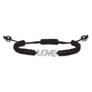 Bracelet, Hemalyke™ (manmade) / waxed cotton cord / glass rhinestone / silver-plated "pewter" (zinc-based alloy), black and clear, 22.5x8mm "LOVE," adjustable from 7-10 inches with macramé knot closure. Sold individually.