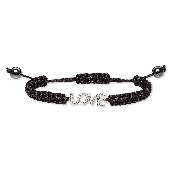 Bracelet, Hemalyke™ (manmade) / waxed cotton cord / glass rhinestone / silver-plated "pewter" (zinc-based alloy), black and clear, 22.5x8mm "LOVE," adjustable from 7-10 inches with macramé knot closure. Sold individually. image number 0